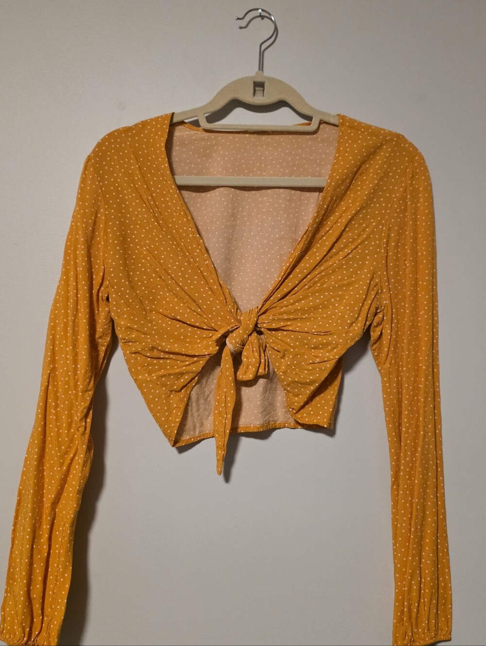 Tie Front Long Sleeve Orange with White Polka Dots